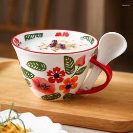 Mugs Porcelain Handpainted Flower Pattern Oats Milk Mug Coffee Household Handgrip Water Cup With A Spoon Kitchen Drinkware