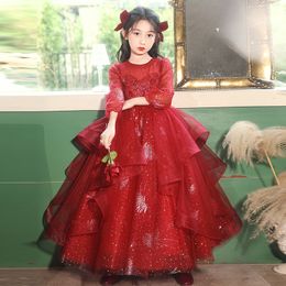 Long Sleeves Princess Flower Girls Dresses For Wedding New Red Shiny Beaded 3D Floral Lace Appliques Brithday Party Kids Formal Wear Toddler Pageant Dress 403