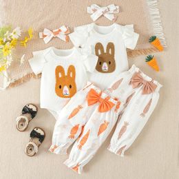 Clothing Sets Born Easter 3pcs Clothes Suit For Baby Girls Short Sleeve Embroidery Romper Pants Hairband Infant Set