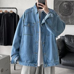 Men's Fashion Trend Pure Colour Blue Denim Jackets Loose Casual Long Sleeve Outerwear Pocket Coats Plus Size M-2XL 240113