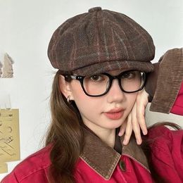 Berets Vintage American Front Hat Winter Woolen Plaid Beret Female Korean Version Of The Octagon Show Face Small Tide