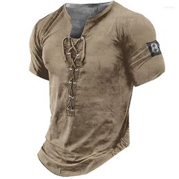 Men's T Shirts Vintage V Neck Drawstring Tie-up Solid Color T-Shirt Men 2024 Spring Summer Casual Short Sleeve Pullover Mens Clothes Tee