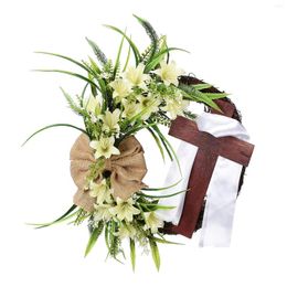 Decorative Flowers Easter Wreath With Cross Sign And Bow Hanging Spring Ornament For Front Door Wall Window Garden Home Decoration