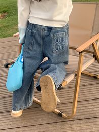 Girls letter embroidery jeans kids patchwork color loose casual denim pants 2024 spring children straight cowboy trousers Z6702