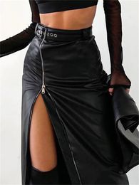 wsevypo Black PU Leather High Waist Pencil Skirts Vintage Grunge Women Streetwear Zipper Split Bodycon Midi Skirt with Belt 240113