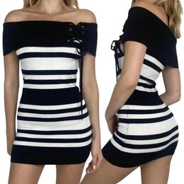 Casual Dresses Women Knitted Bodycon Dress Stripe Off-Shoulder Boat-Neck Tie-Up Summer Party Club Skinny Mini