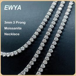 EWYA Real 3 Prong m Full Tennis Necklace for Women S925 Sterling Silver Diamond Neck Chain Necklaces Fine Jewelry 240113