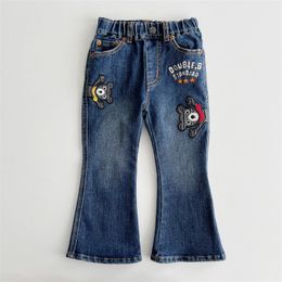 Fashion Girls cartoon embroidery bear appliques patch jeans kids elastic waist denim Flared pants children Boot Cut cowboys trousers S1027