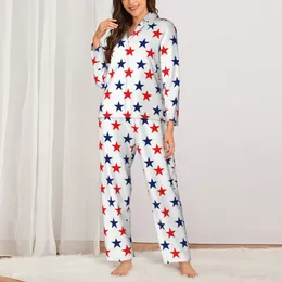 Women's Sleepwear Cool American USA Flag Pajama Sets Autumn Blue Red Stars Print Elegant Sleep Women 2 Piece Oversized Design Nightwear