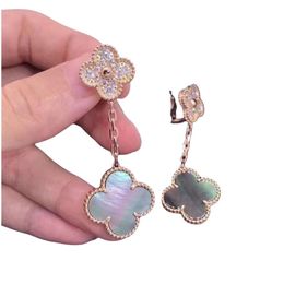 Van-Clef & Arpes Earring Designer Women Top Quality Charm V Gold Thick Plated 18K Rose Gold Four Leaf Grass Grey Full Diamond Beimu Ear Pat Female Ear Hanging