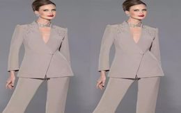 Elegant Mother Of Bride Pan Suit Long Sleeves Appliques Satin Mother Of The Bride Custom Made Formal Suit4227906