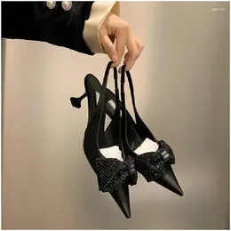 Dress Shoes Elegant Temperament Socialite 2024 Style Thin-heeled Rhinestone Bow Mid-heel Hollow Pointy One-shoe Women Sandals