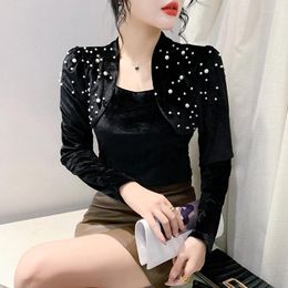 Women's T Shirts Women Solid T-shirt Autumn Winter Beading Square Neck Long-sleeved Velvet Tees Ladies Bottoming Tops Blouses