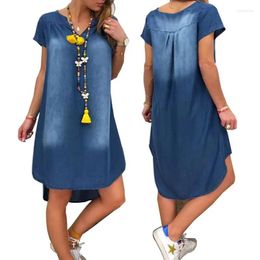 Casual Dresses Summer Women Denim 2024 Arrival Short Sleeves Loose A-Line V-neck Solid Vintage Dress