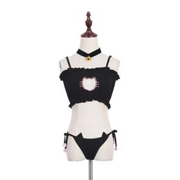 Whole-Cosplay Kawaii Lingerie Set Cat Embroidery Bra Briefs Bell Choker Collar Women Underwear2860