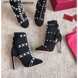 Valentines V-buckle VT Studs Fashion Sock Ankle Work Boots Ladies Boots Leather Straps 105mm High Heel Shoes