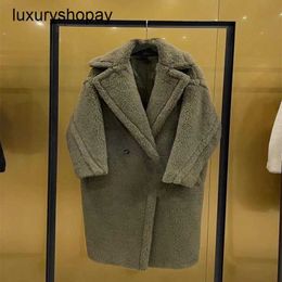 Designer Maxmaras Teddy Bear Coat Womens Cashmere Coats Wool Winter New Colour Mens and Womens Lambhair Wool Fur Integrated Long Coat with Green Army m