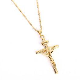 24K Gold Colour Cross Chain Men Crucifix Necklace Pendant Women Jesus Yellow Gold Filled Jewelry304p