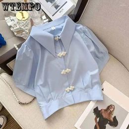 Women's Blouses Polo Collar Blue Sweet Shirt Puff Sleeve Pearl Buckle Folds Design Women Short Top Preppy Style Korean Fashion Summer