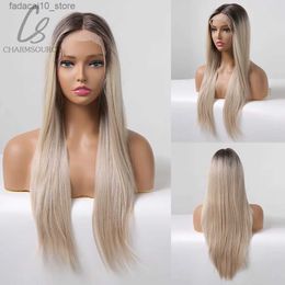 Synthetic Wigs CharmSource Brown Ombre White Blonde Long Straight Wigs Synthetic Lace Front Wig for Women Hair Party Daily High Quality Q240115