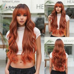 Synthetic Wigs La Sylphide Ombre Black to Orange Wigs with Bangs Long Water Wavy Wigs for Women Free Shipping Daily Use Cosplay High Density Q240115
