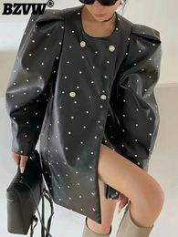 BZVW in Stock Polka Dot PU Leather Womens Coat Spring Autumn Loose Designer Temperament Double Breasted Jacket Female 240115