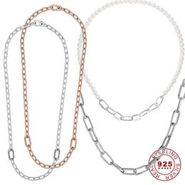 925 Sterling Silver Pearl Me Chain Link Necklace With Me Charm For Women Collars Silver S925 14k Rose Gold-plated Jewelry240115