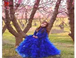 New A Line Royal Blue Girl039s Pageant Dresses with Tiered Skirt Long Sleeves High Neck Organza Flower Girl Dress Kids Formal W1093639