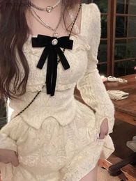 Basic Casual Dresses Deeptown Korean Style Y2k Mini Two Pieces Dress Women Fairycore Long Sleeve Outfit Set Sweet Cute Corset Princess Dresses Autumn YQ240115