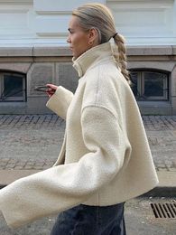 Women's Jackets 2024 Fall Winter Stand Collar Zipper Plush For Women Fashion Beige Long Sleeve Lamb Wool Outerwears Ladies Short Coats
