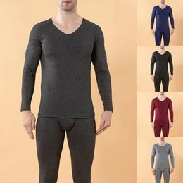 Men's Thermal Underwear 1 Set Men Winter Fleece Lined Cotton Long Johns Top Bottom Solid Color Tops Pants