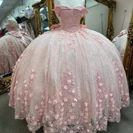 Pink 3D Flowers Princess Quinceanera Dress With Bow Floral Appliques Beads Crystals Pearls Vestidos Festa De 15 Anos Prom Gown