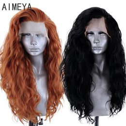 AIMEYA GINGER SYNTETISK LACE FRONT PERIG Långt vågigt syntetiskt hår peruker cosplay spetsar peruker för kvinnor svart värmebeständig fiber wig240115