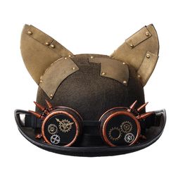 Retro Steampunk Hat Bowler Costume Accessories Women Men Vintage Lolita Cat Ears Gear Glasses Gold Patch Topper Top Hats Fedora He336b