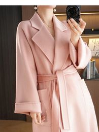 RosEvans High Quality Water Ripple Pink Double-sided Wool Jacket Belt Lapel Women coat Long Sleeve Long Fashion Loose Coat 240115