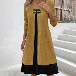 Casual Dresses Womens Autumn Winter Dress Crew Neck Solid Colour Long Sleeve Clothing Two Piece Fashion Women Vintage
