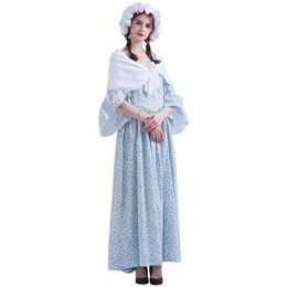 Medieval Renaissance Costumes Colonial Pioneer Pilgrim Adult Halloween Carnival Party Woman Floral Dress with Bonnet Outfit Yellow252b