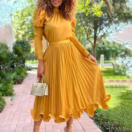Work Dresses Gotoola Women Autumn Puff Sleeve Long Round Neck Top Pleated Skirt Pure Colour Two-Piece Set African Suit