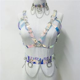 Sexy Costumes Gothic Handmade Holographic PVC 3 Piece Set Women Collar Choker Sexy Crop Top Link Chain Waist Belt Rave Festival Ma2902