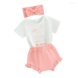 Clothing Sets Baby Girl Easter Outfit Letter Print Short Sleeve Romper Fluffy Tail Shorts Headband 3Pcs Summer Clothes