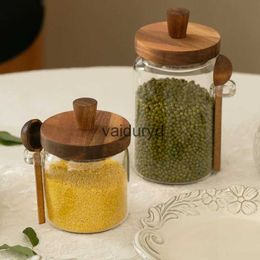 Food Storage Organization Sets Glass sealed acacia wood jars with lids with small spoons Condiment jars coffee storage jars Condiment jars glass jarsvaiduryd