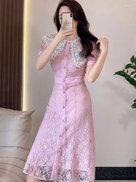 Party Dresses Women Sweet Pink Lace Dress Female Summer Elegant Fashion Designer Beading Lapel High Waist Vestidos 2024