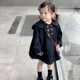 Girl Dresses Fashion Autumn Baby Girls Denim Black Turndown Collar Knee Length Double Breasted Pullover Shirts