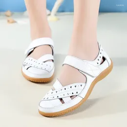 Sandals Summer Woman Shoes 2024 Women Leather Ladies Comfortable Flats Walking Covered Toe Beach Footwear Flat