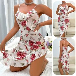 Women's Sleepwear Women Nightgown Nightdress Sexy Ruffles Applique Long Gown Printed Satin Nighty Homewear Casual Summer Lady Loungewear