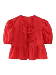 Women's Blouses Womens O-Neck Casual 2024 Pleated Short Tops Ladies Spring Summer Vintage Puff Sleeve Red Open Stitch Lace Up Blouse