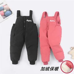 Autumn Winter Baby Boys Overalls Solid Color Lining Plush Keep Warm Jumpsuit For 1-4Y Toddlers Kids Down Cotton Trousers 240115