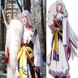 New Japanese Anime InuYasha Sesshoumaru Cosplay Costume Kimono Armour Tail Full Set Carnival Halloween Costumes for Women Men Custo3240