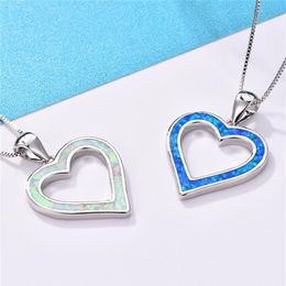 Pendant Necklaces Cute Boho Female Big Heart Pendants Fashion Silver Color White Blue Opal For Women Vintage Jewelry297E