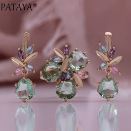 PATAYA Fashion Jewelry Women 585 Rose Gold Color Rings Earrings Set Light Green Stone Rhombus Cubic Zircon Wedding Sets 240115